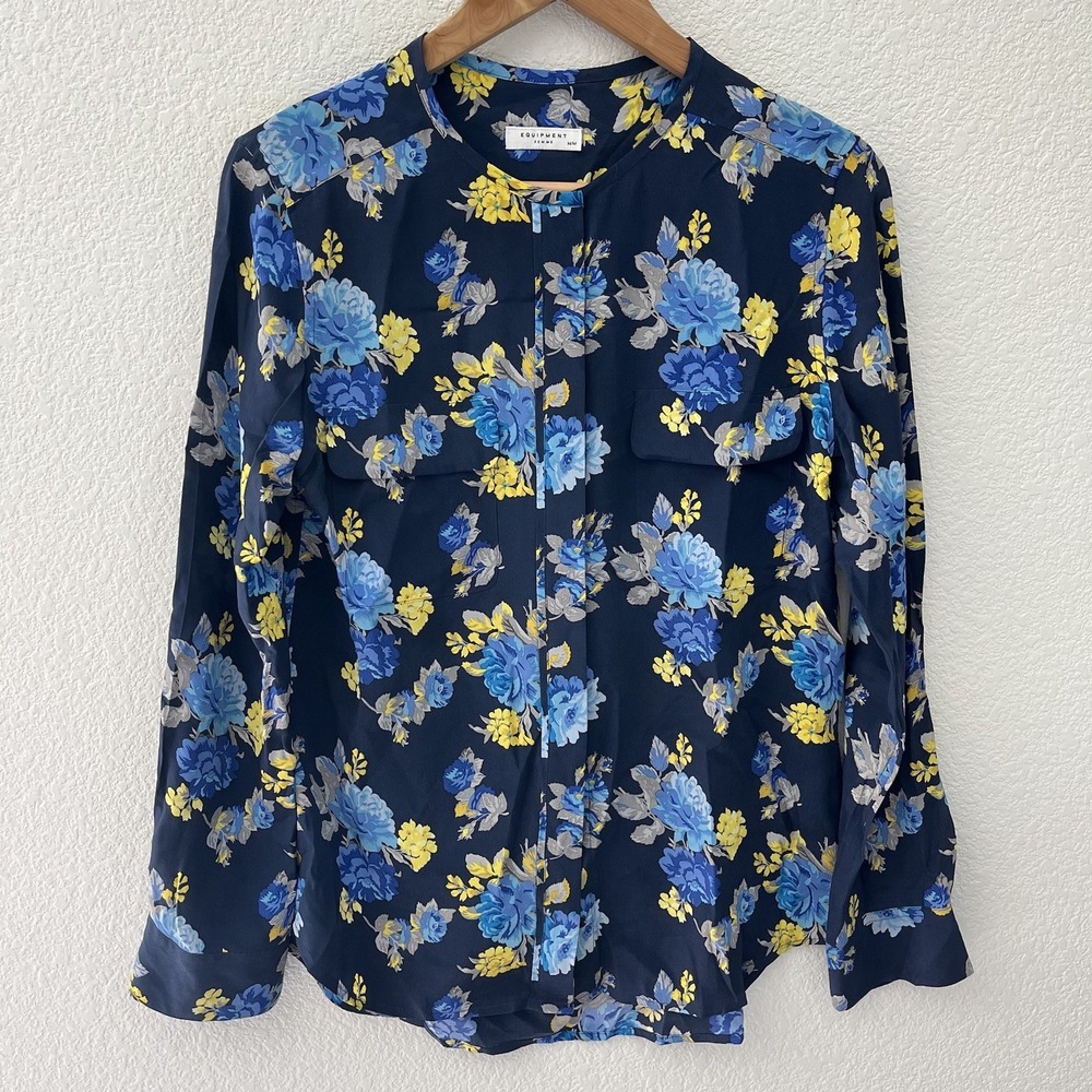 Equipment Lynn Silk Floral Blouse Medium Womens Blue Yellow